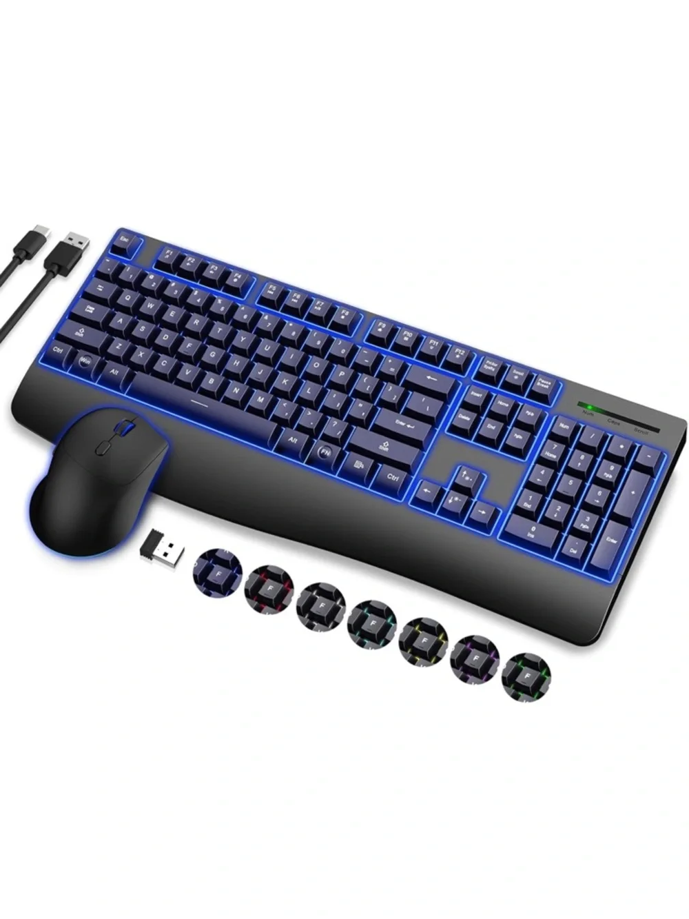 Wireless Keyboard and Mouse combo 7 backlit effect wrist rest sleep mode